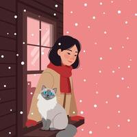 Woman Watching Falling Snow with Cat Sitting on Window Ledge vector