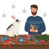 Man Making Christmas Ornaments with Rabbit Watching on Wooden Table vector