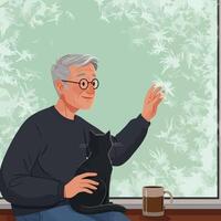 Man with Cat Gazing at Frosty Window with Coffee on Sill vector