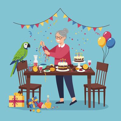 Woman Prepares for Birthday Celebration with Cake and Parrot