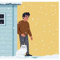Man with Pet Watching Snowfall by Home During Winter Season vector
