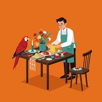 Man Preparing Festive Dinner Table with Parrot and Flower Centerpiece vector