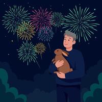 Man Holding Rabbit Watching Colorful Fireworks Celebration at Night vector