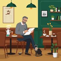 Man Drawing Portrait in Cozy Cafe with Cat and Coffee vector
