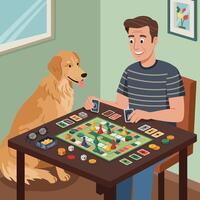 Man Playing Board Game with Dog Indoors in a Relaxing Setting vector