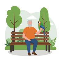 Man Sitting on Bench with Parrot in Outdoor Park Setting vector