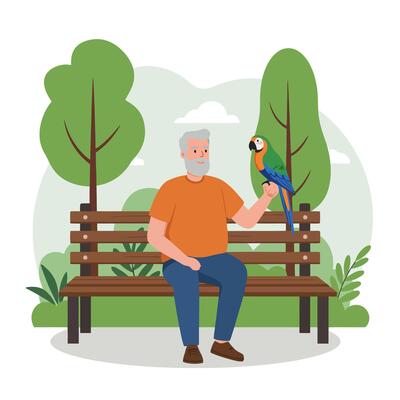 Man Sitting on Bench with Parrot in Outdoor Park Setting