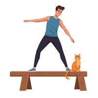 Man Balancing on Beam with Orange Cat Watching Balancing Exercise vector