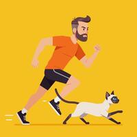 Man Running with Siamese Cat Illustration Against Vibrant Yellow Background vector