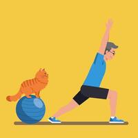 Person Stretching with Cat Watching on Exercise Ball Graphic vector