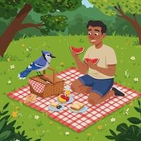 Man Enjoying Watermelon at Picnic with Bird in Green Meadow vector
