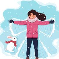Girl Making a Snow Angel with Rabbit in a Winter Scene vector