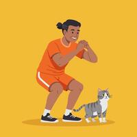 Man Doing Squat Exercise with Cat Watching on Bright Background vector