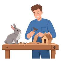 Man Crafting Wooden Birdhouse with Rabbit Watching on Workbench vector