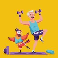 Senior Man Exercising with Dumbbells and Parrot Doing Yoga Pose vector
