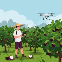 Farmer Monitoring Orchard with Drone and Tablet Technology for Crop Health vector