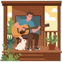 Man Playing Guitar on Porch with Rabbit and Potted Plants vector