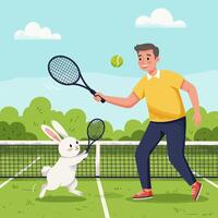 Man and Rabbit Playing Tennis Together on a Summer Day vector
