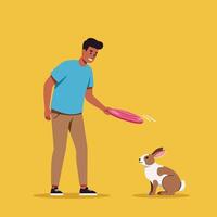 Man Playing with a Rabbit Throwing a Frisbee Disc vector