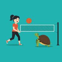 Woman Playing Volleyball with Turtle Near Net in an Illustrated Style vector