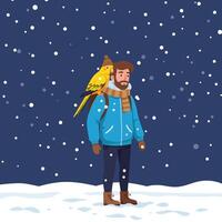 Man Walking in Snow with Yellow Bird on Shoulder Illustration vector