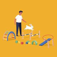 Rabbit Jumping Hurdles Training with Man on Colorful Playground vector