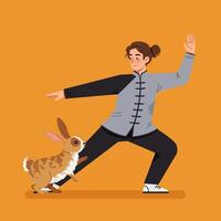 Person Practicing Tai Chi with Rabbit on Orange Background vector