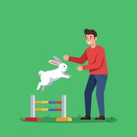Rabbit Jumping Over Hurdle with Man Watching and Smiling Outdoors vector