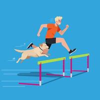 Man and Dog Running Together Jumping Over Hurdles in Cartoon Style vector