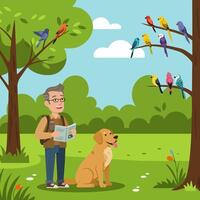 Man Reading Book with Dog and Colorful Birds in Nature Park vector