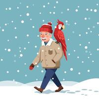Man Walking with Parrot in Snow During Winter Season vector