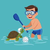Cartoon Man Playing Water Polo with Turtle Using Paddle vector