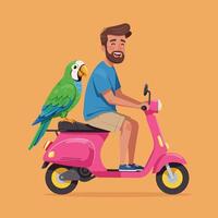 Man Riding Pink Scooter with Green Parrot Illustration Style vector