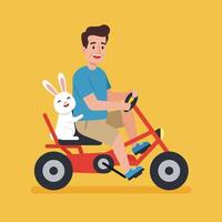 Man Riding Pedal Car with Rabbit Together in Cartoon Style vector
