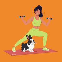 Woman Exercising with Dumbbells and Dutch Rabbit on Exercise Mat vector