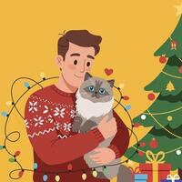 Man Holding Cat Near Decorated Christmas Tree in Festive Setting vector