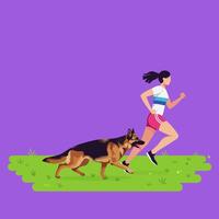 Woman Running with Dog on Green Grass Against a Purple Background vector