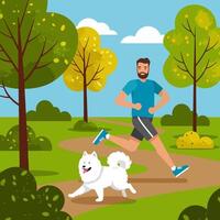 Man Running with Dog in Park on Sunny Day Cartoon Illustration vector
