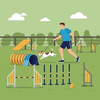 Dog Agility Training with Owner on Obstacle Course in Park vector