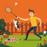 Man Plays Badminton with Cat During Summer Picnic in Backyard vector