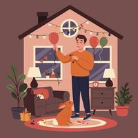 Man Inflating Balloons for Indoor Party with Rabbit Companion Inside Home vector
