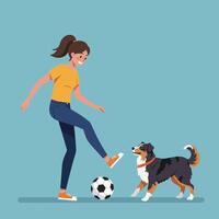 Woman Kicking Soccer Ball with Dog in Simple Cartoon Style vector