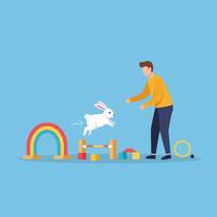 Rabbit Jumping Over Obstacles with Person Watching Training Exercise vector