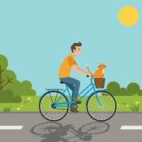 Man Riding Bicycle with Cat in Front Basket Through Park vector