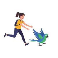 Girl Chasing Parrot Running After Bird with Open Wings Illustration vector