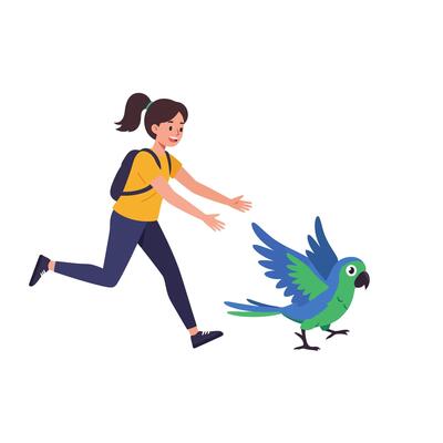Girl Chasing Parrot Running After Bird with Open Wings Illustration