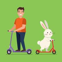 Man and White Rabbit Riding Scooters on a Green Background vector