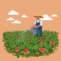 Farmer Watering Watermelon Patch with Watering Can in Summer Illustration vector