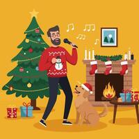 Man Singing with Dog by Christmas Tree and Fireplace Scene vector