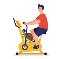 Man on Exercise Bike with Turtle for Funny Fitness Motivation vector